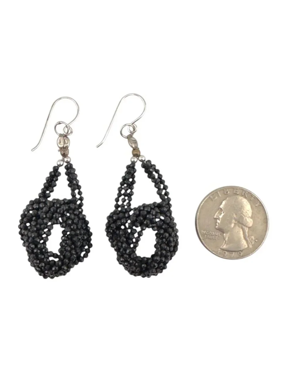 Vintage Black Faceted Beaded Earrings Elegant Openwork Sculptural Dangle 2.5